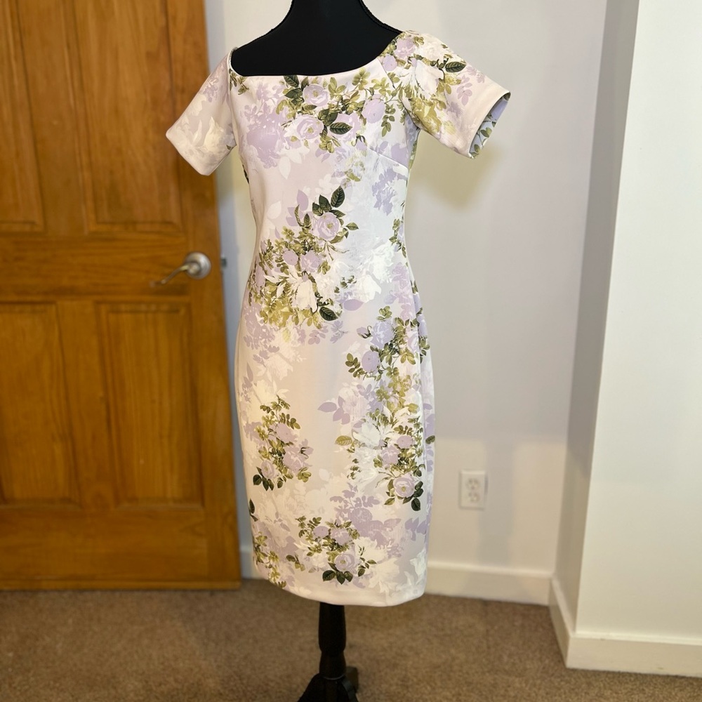 Calvin Klein Asymmetrical Floral Dress in Cream and Green